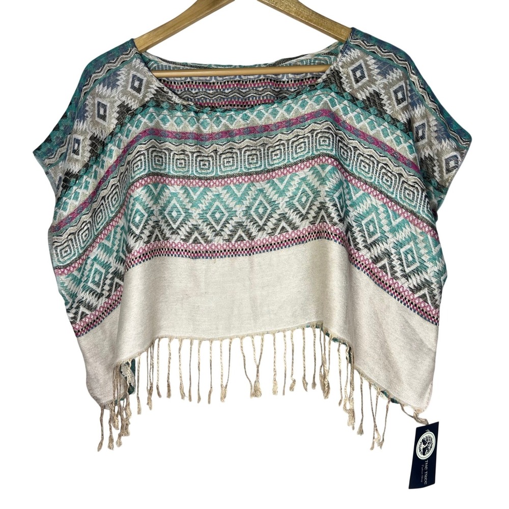 Ary Collection Womens Boho Geometric Fringe‎ Crop Top Teal Pink Southwestern New